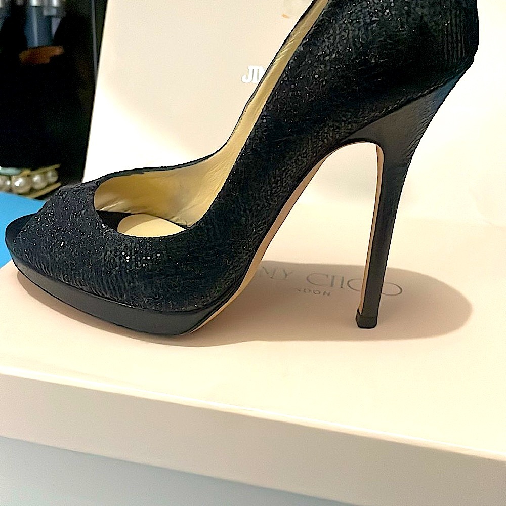 Jimmy Choo Sparkling highlights the open toe of an elegant pump crafted in Italy